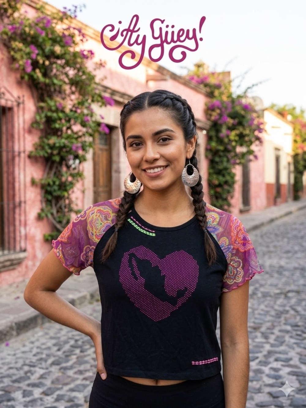Black Crop Top with Pink Heart Graphic and Patterned Sleeves